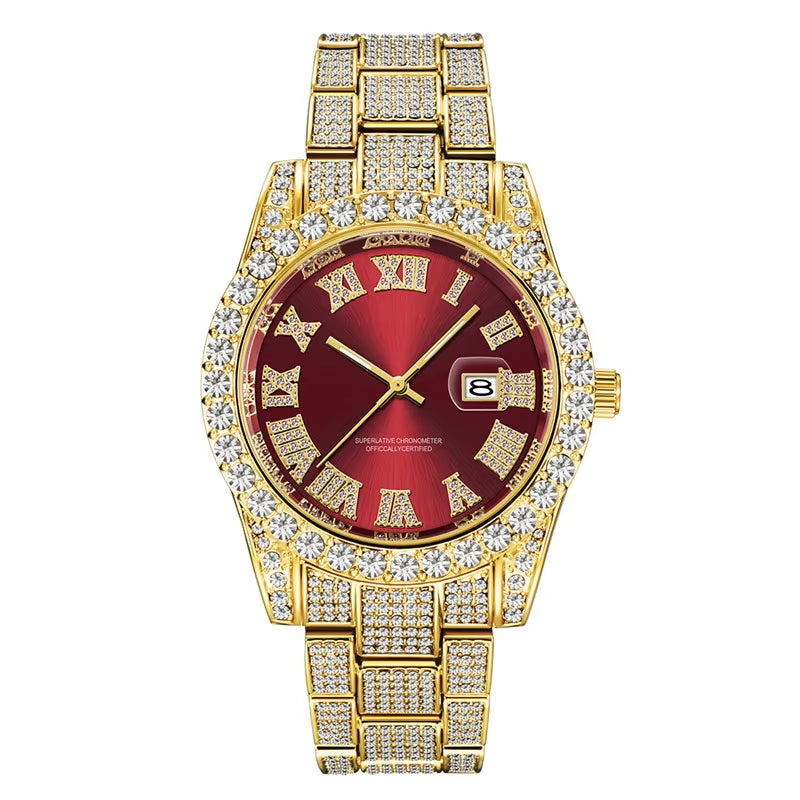 Hop Full Iced Out Mens Watches Luxury Date Quartz Wrist Watches with Micropaved Cubic Zircon Watch for Women Men Jewelry