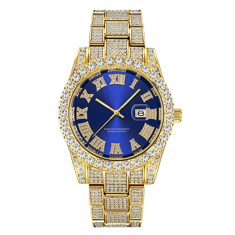 Hop Full Iced Out Mens Watches Luxury Date Quartz Wrist Watches with Micropaved Cubic Zircon Watch for Women Men Jewelry