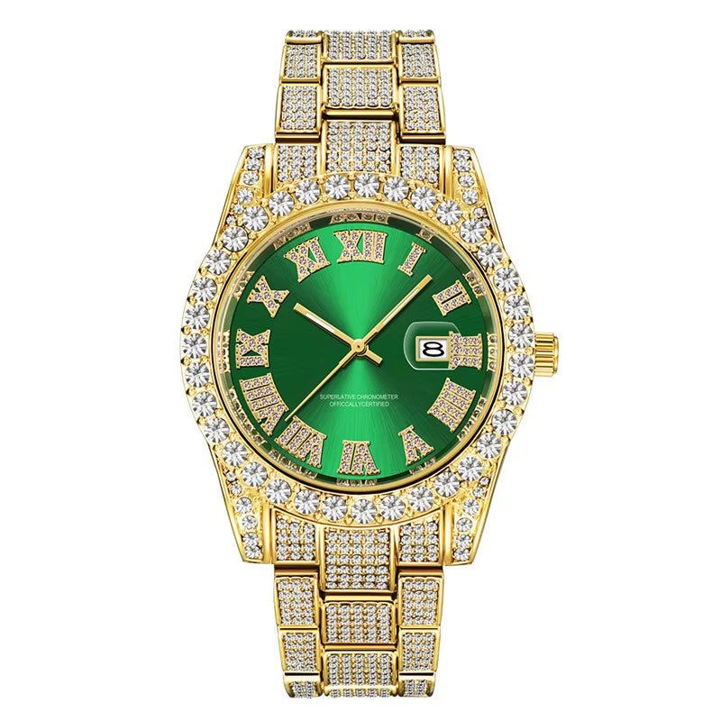 Hop Full Iced Out Mens Watches Luxury Date Quartz Wrist Watches with Micropaved Cubic Zircon Watch for Women Men Jewelry