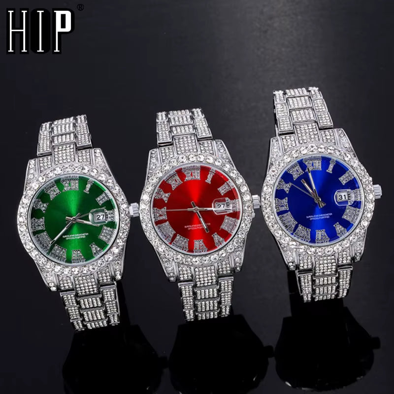 Hop Full Iced Out Mens Watches Luxury Date Quartz Wrist Watches with Micropaved Cubic Zircon Watch for Women Men Jewelry