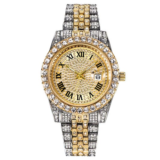 Hop Full Iced Out Mens Watches Luxury Date Quartz Wrist Watches with Micropaved Cubic Zircon Watch for Women Men Jewelry