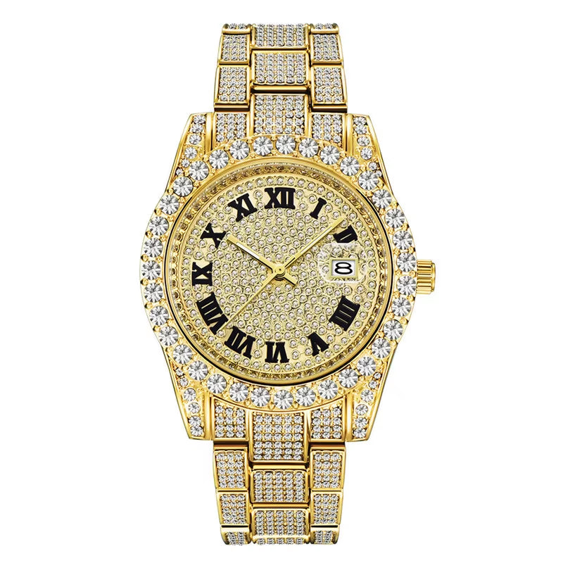 Hop Full Iced Out Mens Watches Luxury Date Quartz Wrist Watches with Micropaved Cubic Zircon Watch for Women Men Jewelry