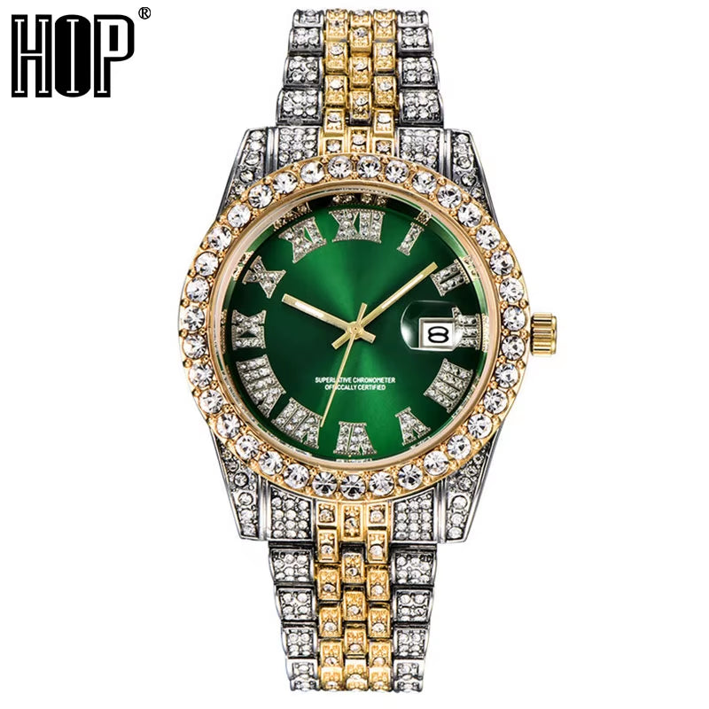 Hop Full Iced Out Mens Watches Luxury Date Quartz Wrist Watches with Micropaved Cubic Zircon Watch for Women Men Jewelry