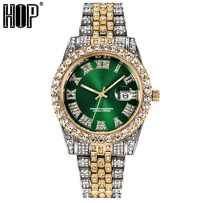 Hop Full Iced Out Mens Watches Luxury Date Quartz Wrist Watches with Micropaved Cubic Zircon Watch for Women Men Jewelry