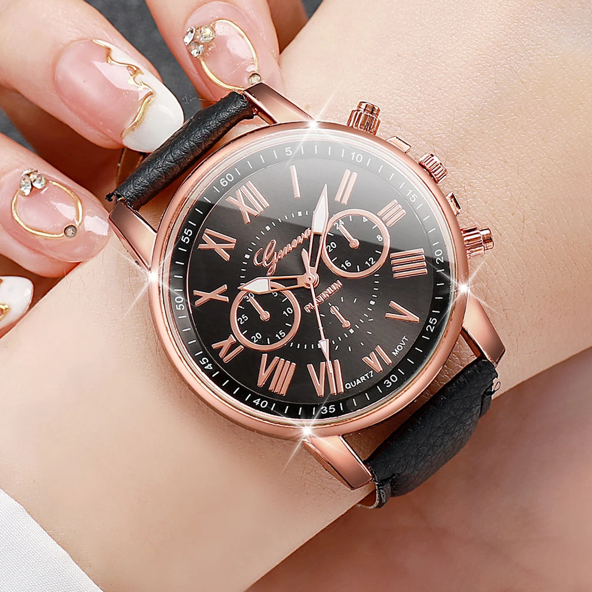 5PCS Women'S Watches Fashion Roma Dial Leather Band Quartz Watch Ladies Silicone Band Wristwatch Reloj Mujer（Without Box）