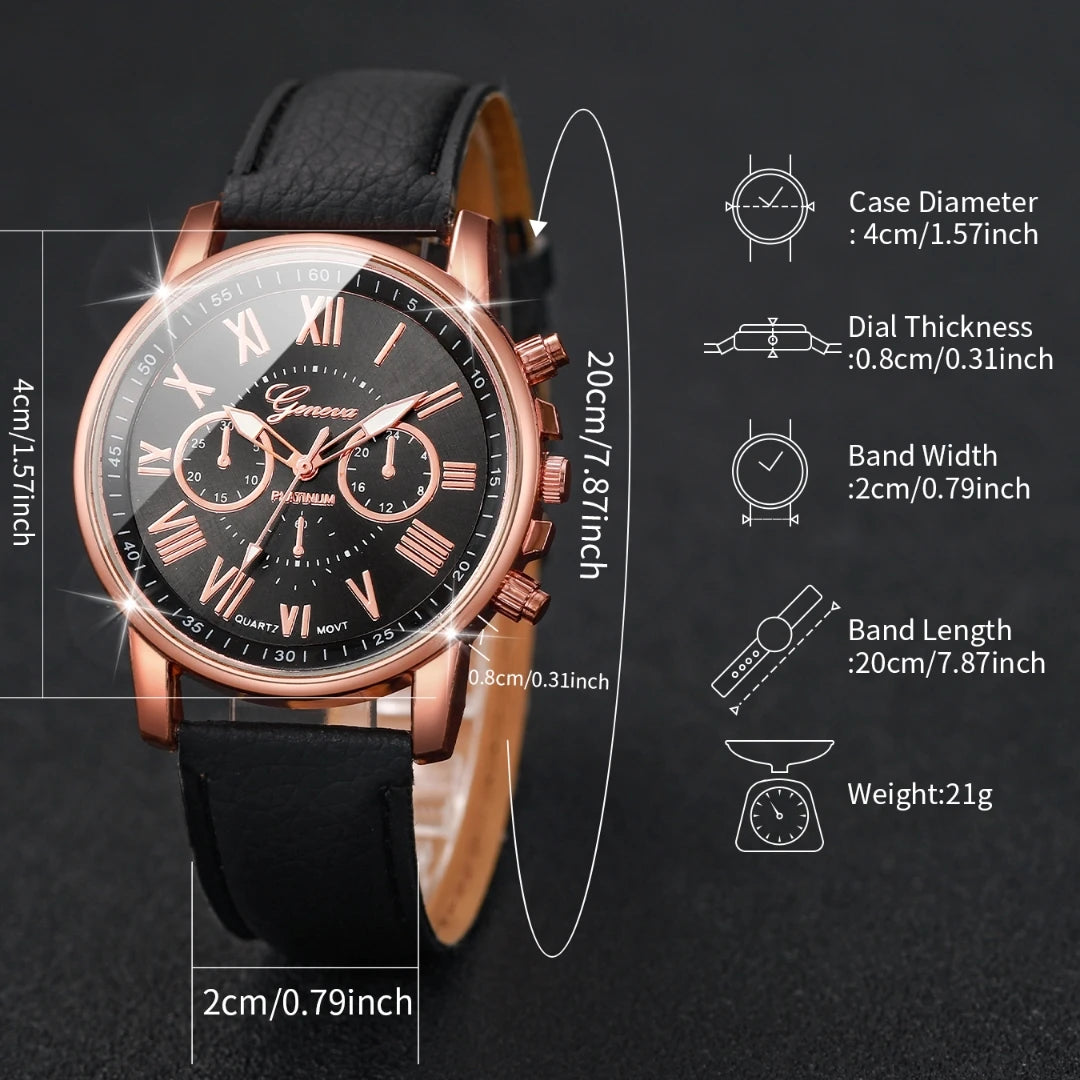 5PCS Women'S Watches Fashion Roma Dial Leather Band Quartz Watch Ladies Silicone Band Wristwatch Reloj Mujer（Without Box）