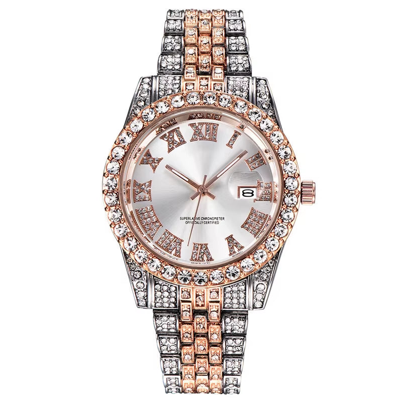 Hop Full Iced Out Mens Watches Luxury Date Quartz Wrist Watches with Micropaved Cubic Zircon Watch for Women Men Jewelry