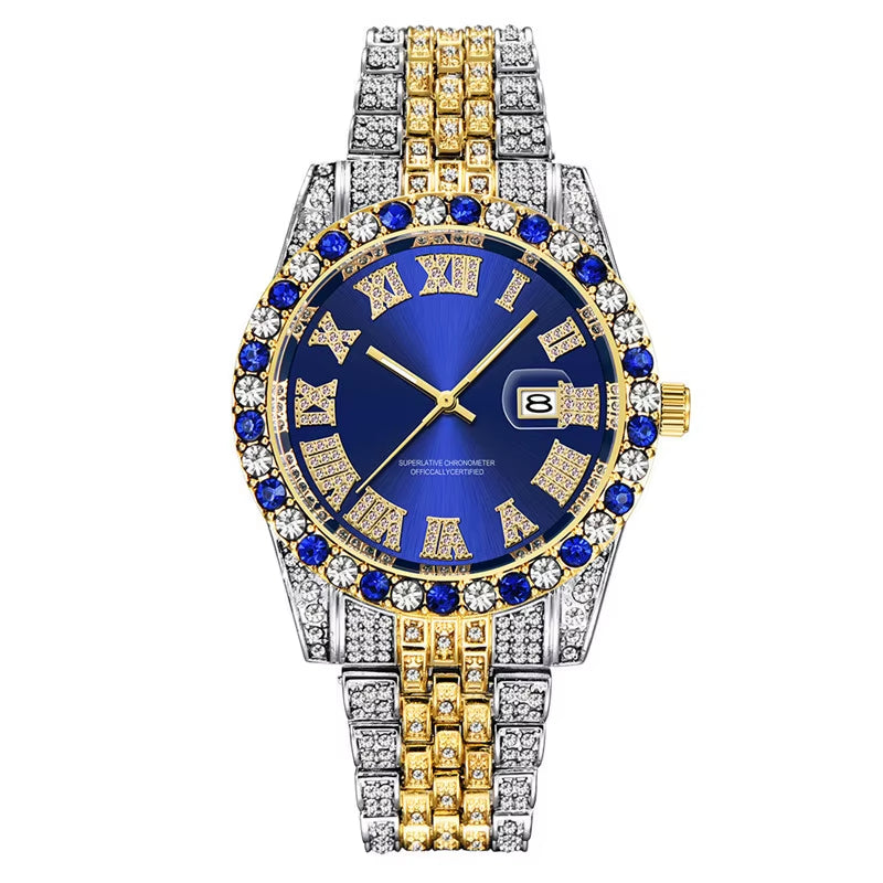 Hop Full Iced Out Mens Watches Luxury Date Quartz Wrist Watches with Micropaved Cubic Zircon Watch for Women Men Jewelry