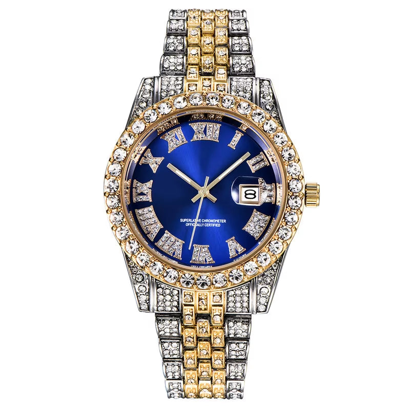 Hop Full Iced Out Mens Watches Luxury Date Quartz Wrist Watches with Micropaved Cubic Zircon Watch for Women Men Jewelry