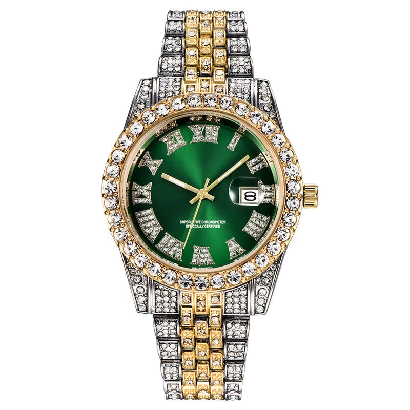Hop Full Iced Out Mens Watches Luxury Date Quartz Wrist Watches with Micropaved Cubic Zircon Watch for Women Men Jewelry