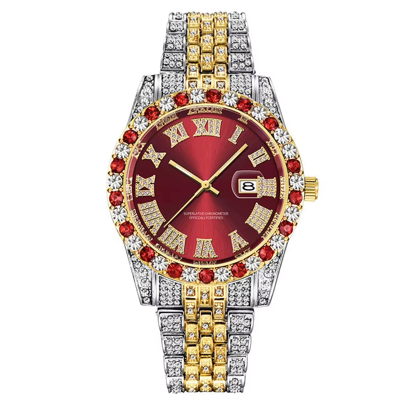 Hop Full Iced Out Mens Watches Luxury Date Quartz Wrist Watches with Micropaved Cubic Zircon Watch for Women Men Jewelry