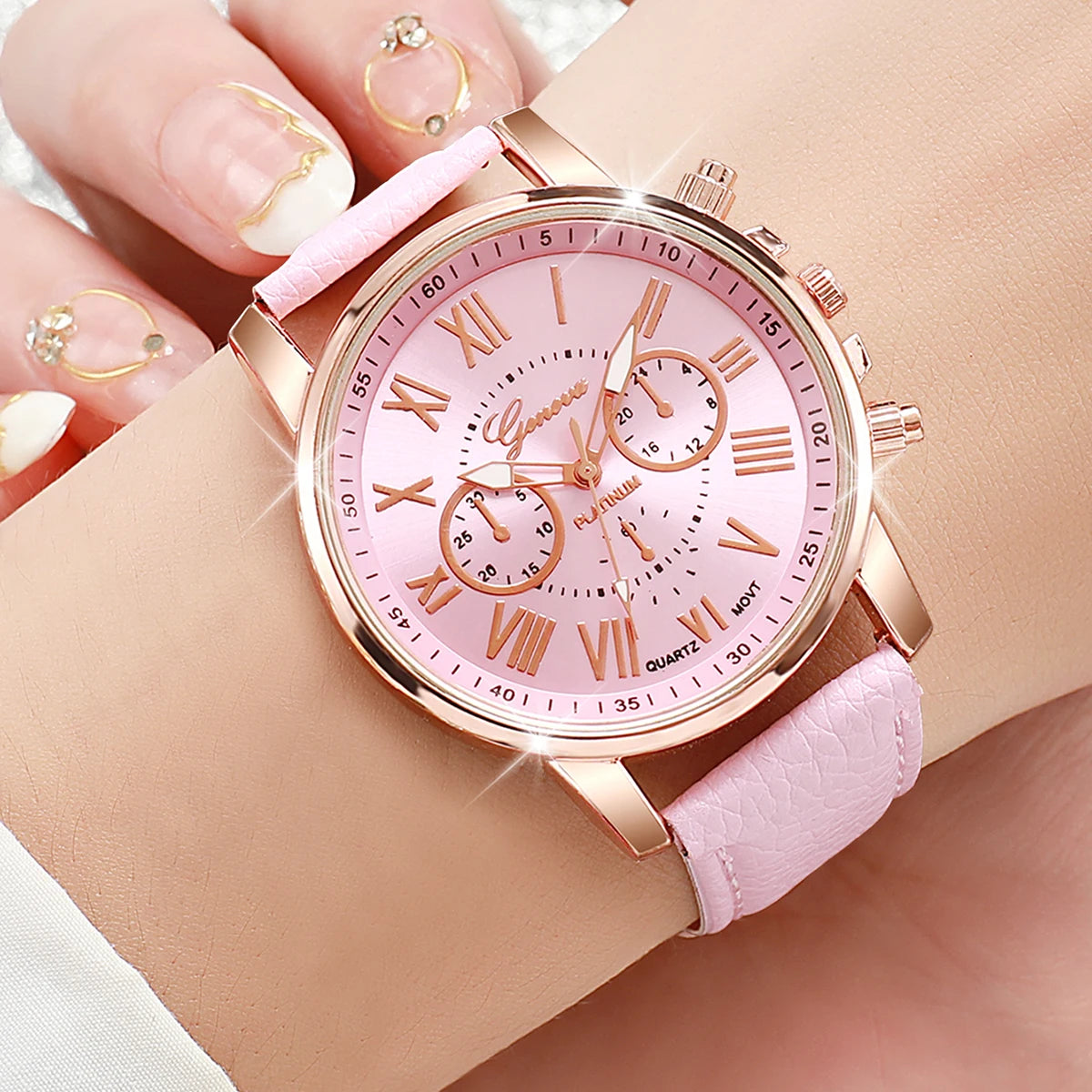 5PCS Women'S Watches Fashion Roma Dial Leather Band Quartz Watch Ladies Silicone Band Wristwatch Reloj Mujer（Without Box）
