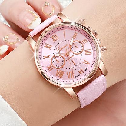 5PCS Women'S Watches Fashion Roma Dial Leather Band Quartz Watch Ladies Silicone Band Wristwatch Reloj Mujer（Without Box）