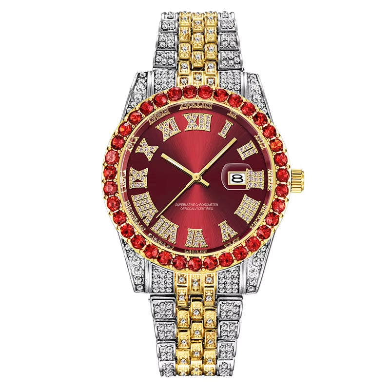 Hop Full Iced Out Mens Watches Luxury Date Quartz Wrist Watches with Micropaved Cubic Zircon Watch for Women Men Jewelry
