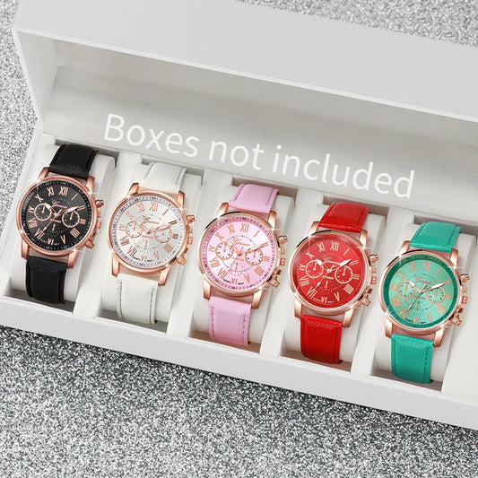 5PCS Women'S Watches Fashion Roma Dial Leather Band Quartz Watch Ladies Silicone Band Wristwatch Reloj Mujer（Without Box）