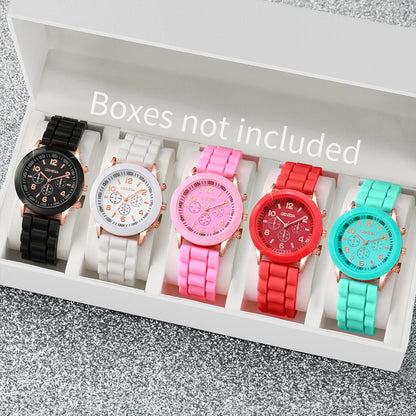 5PCS Women'S Watches Fashion Roma Dial Leather Band Quartz Watch Ladies Silicone Band Wristwatch Reloj Mujer（Without Box）