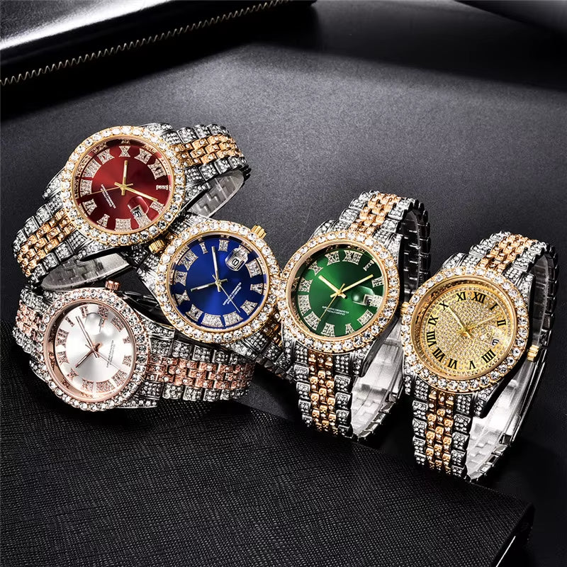 Hop Full Iced Out Mens Watches Luxury Date Quartz Wrist Watches with Micropaved Cubic Zircon Watch for Women Men Jewelry