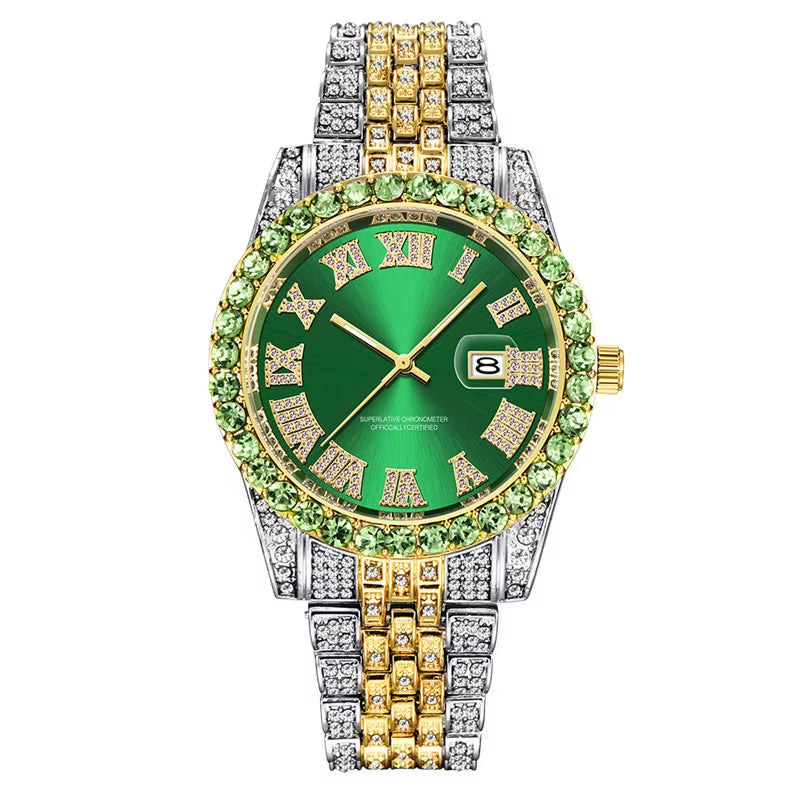 Hop Full Iced Out Mens Watches Luxury Date Quartz Wrist Watches with Micropaved Cubic Zircon Watch for Women Men Jewelry