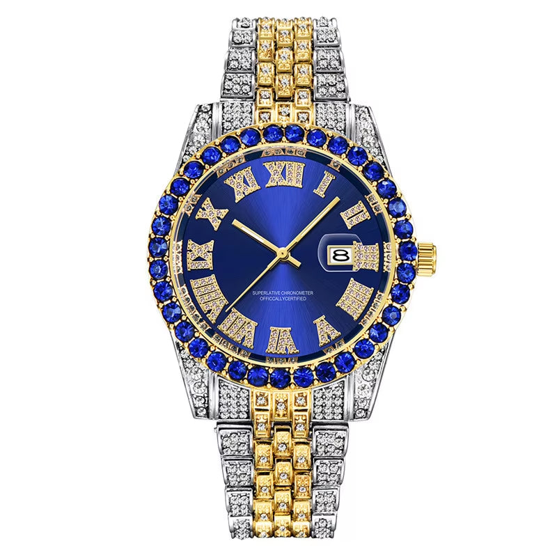 Hop Full Iced Out Mens Watches Luxury Date Quartz Wrist Watches with Micropaved Cubic Zircon Watch for Women Men Jewelry