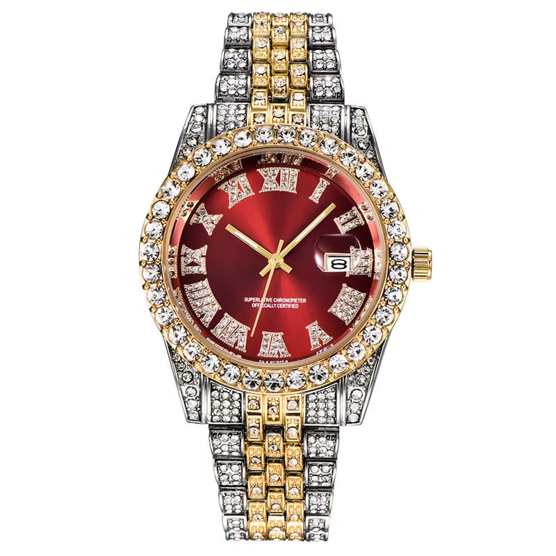 Hop Full Iced Out Mens Watches Luxury Date Quartz Wrist Watches with Micropaved Cubic Zircon Watch for Women Men Jewelry