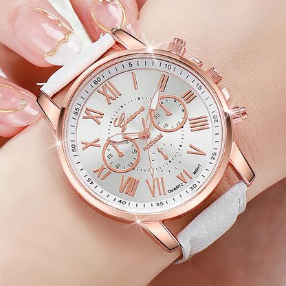 5PCS Women'S Watches Fashion Roma Dial Leather Band Quartz Watch Ladies Silicone Band Wristwatch Reloj Mujer（Without Box）